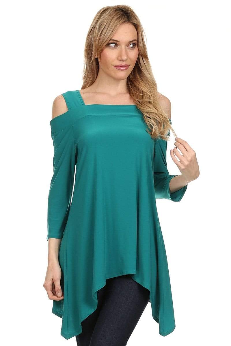Auliné Collection Apparel Teal / Small Auliné Collection Women's 3/4 Sleeve Various Handkerchief Hem Sharkbite Tunic Top