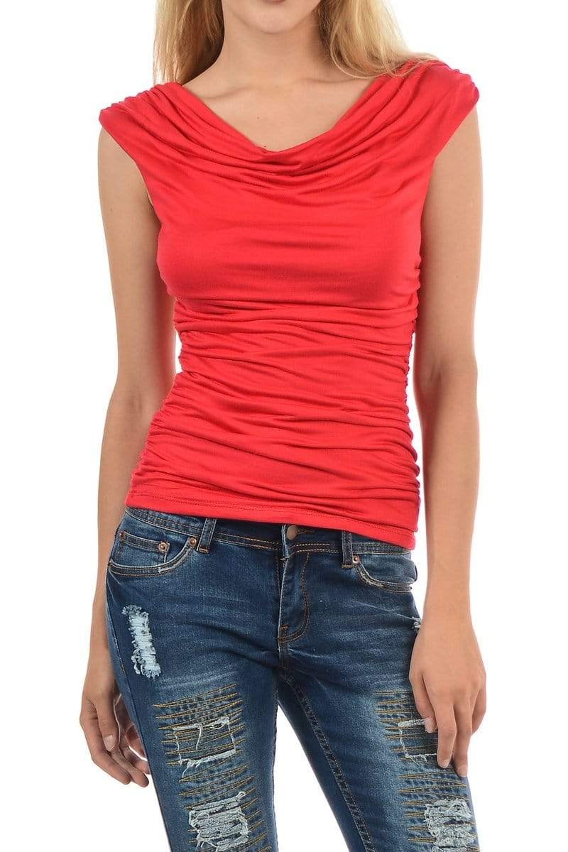 Auliné Collection Apparel Red / Small Auliné Collection Women's Career Solid Color Ruched Cowl Neck Casual Blouse Top
