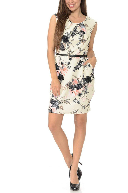 Auliné Collection Apparel Floral Cream & Pink / Small Auliné Collection Women's Floral Office Workwear Sleeveless Sheath Dress