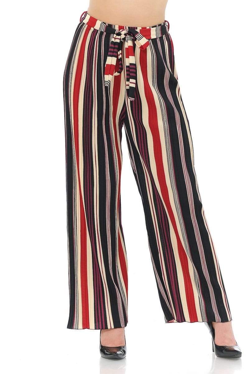 Auliné Collection Apparel Boysenberry Cream Stripe / S/M Auliné Collection Womens Accordion Pleated High Waisted Wide Leg Palazzo Pants