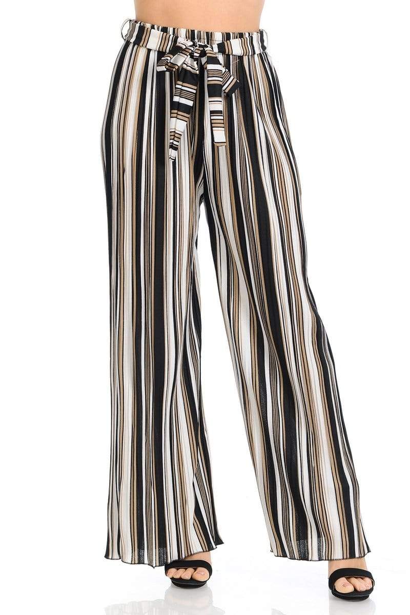 Auliné Collection Apparel Earth Tone Stripe / S/M Auliné Collection Womens Accordion Pleated High Waisted Wide Leg Palazzo Pants