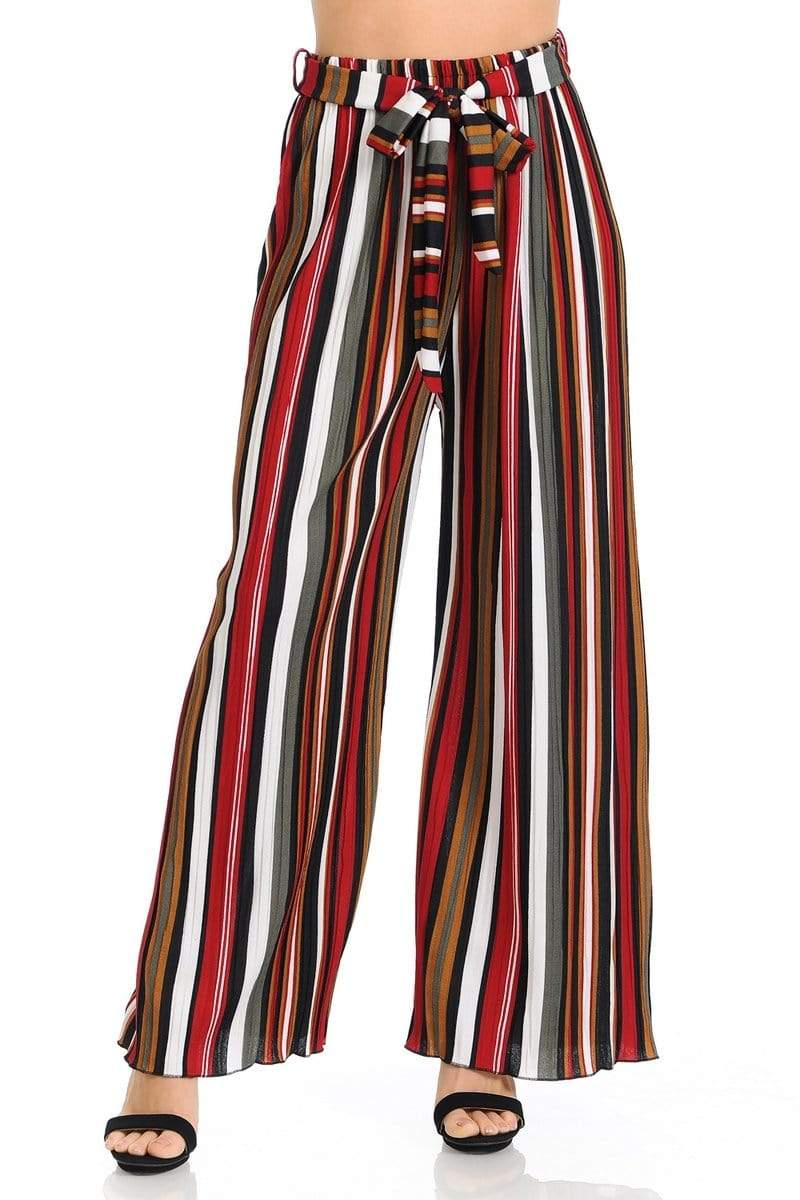 Auliné Collection Apparel Warm Tone Stripe / S/M Auliné Collection Womens Accordion Pleated High Waisted Wide Leg Palazzo Pants