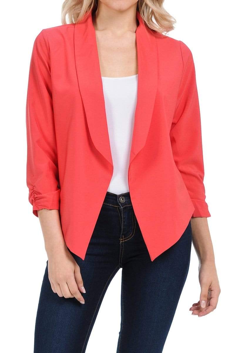 Auliné Collection Apparel Coral / Small Auliné Collection Womens Casual Lightweight 3/4 Sleeve Fitted Open Blazer New Colors