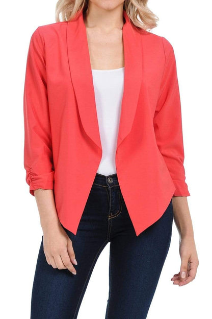 Auliné Collection Apparel Coral / Small Auliné Collection Womens Casual Lightweight 3/4 Sleeve Fitted Open Blazer New Colors