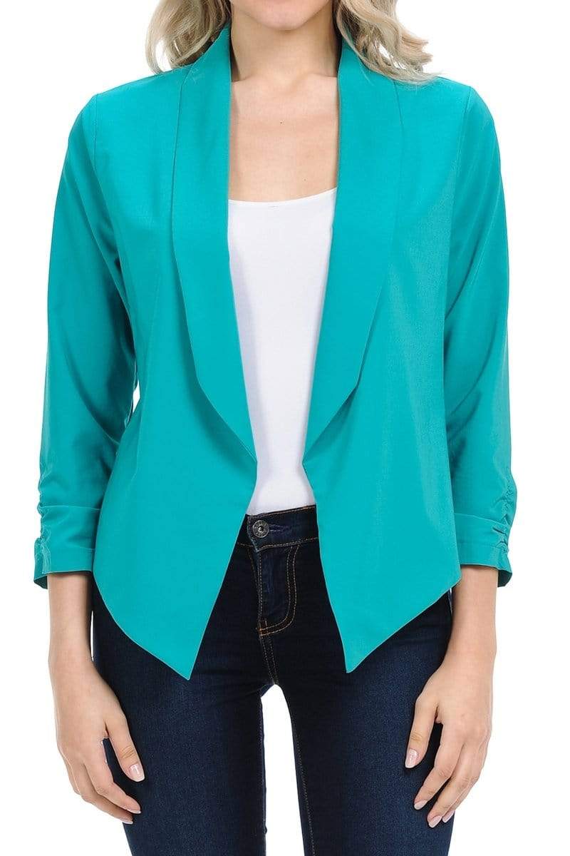 Auliné Collection Apparel Jade / Small Auliné Collection Womens Casual Lightweight 3/4 Sleeve Fitted Open Blazer New Colors