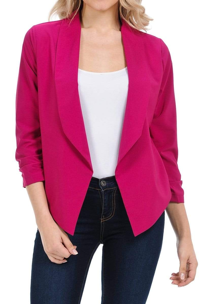 Auliné Collection Apparel Magenta / Small Auliné Collection Womens Casual Lightweight 3/4 Sleeve Fitted Open Blazer New Colors