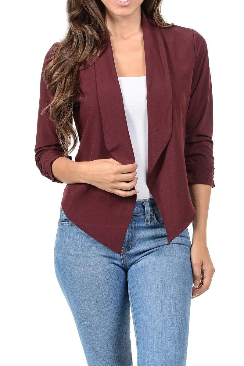 Auliné Collection Apparel Burgundy / 1XL Auliné Collection Womens Casual Lightweight 3/4 Sleeve Fitted Open Blazer Plus Size