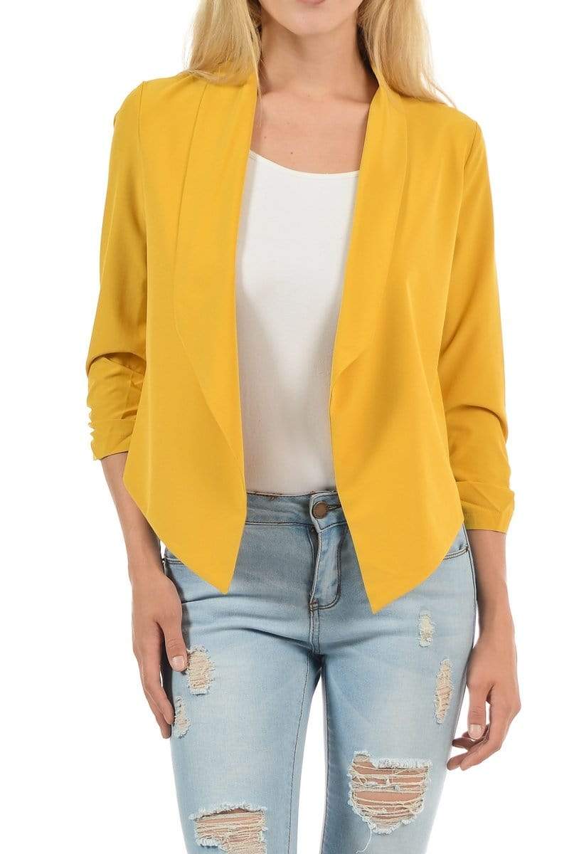 Auliné Collection Apparel Dk Mustard / 1XL Auliné Collection Womens Casual Lightweight 3/4 Sleeve Fitted Open Blazer Plus Size