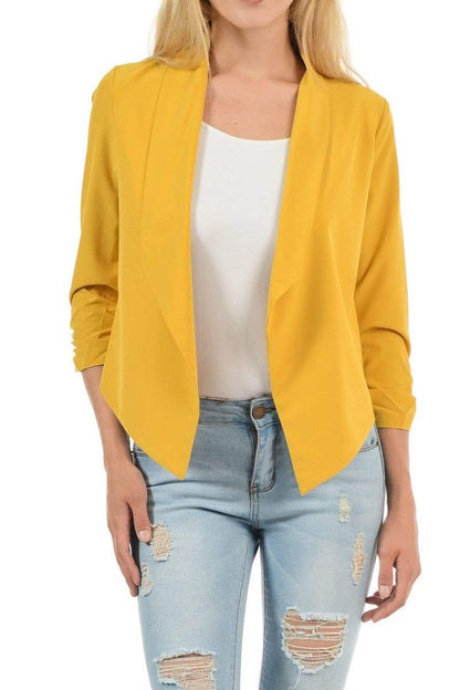 Auliné Collection Apparel Dk Mustard / 1XL Auliné Collection Womens Casual Lightweight 3/4 Sleeve Fitted Open Blazer Plus Size