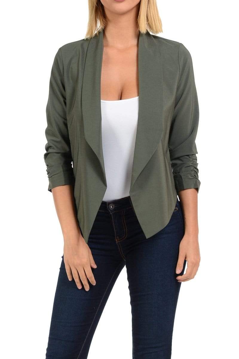 Auliné Collection Apparel Dk Olive Green / 1XL Auliné Collection Womens Casual Lightweight 3/4 Sleeve Fitted Open Blazer Plus Size