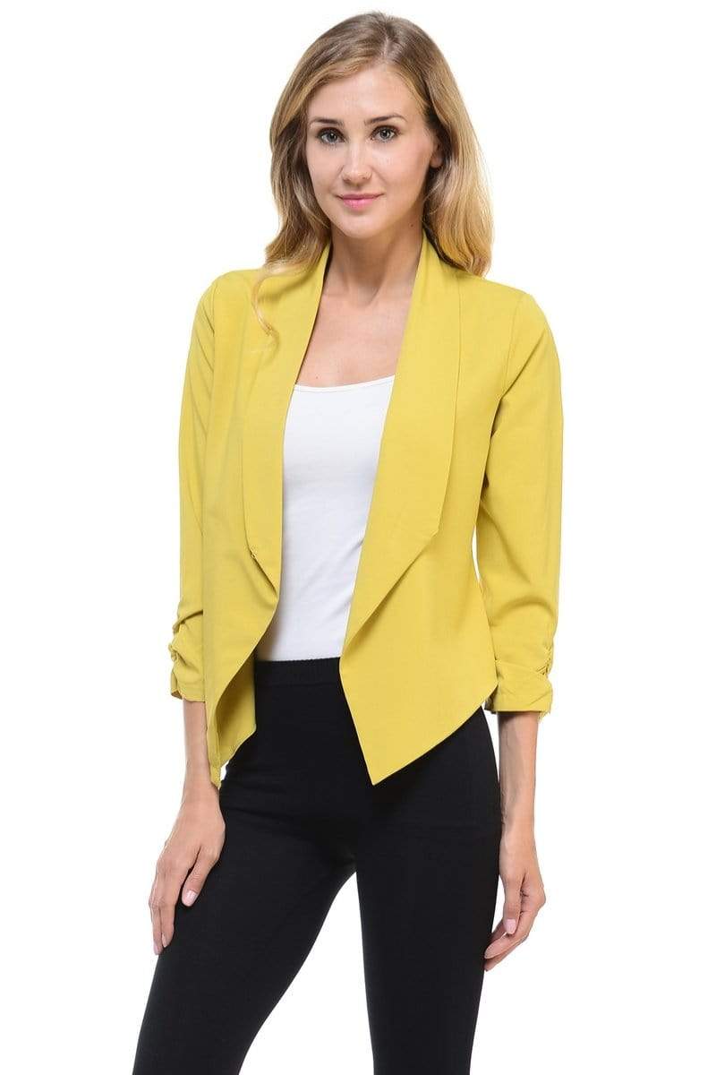 Auliné Collection Apparel Mustard / 1XL Auliné Collection Womens Casual Lightweight 3/4 Sleeve Fitted Open Blazer Plus Size