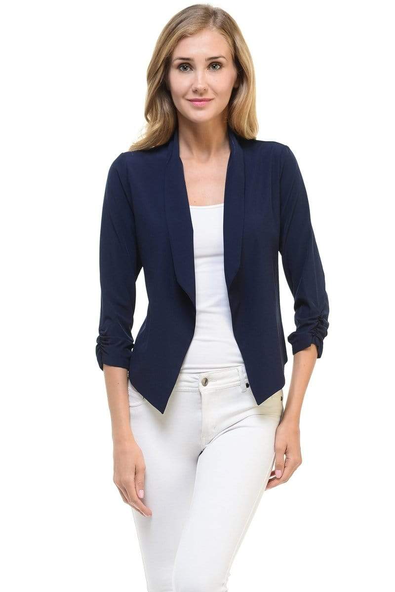 Auliné Collection Apparel Navy Blue / 1XL Auliné Collection Womens Casual Lightweight 3/4 Sleeve Fitted Open Blazer Plus Size