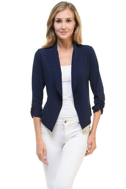 Auliné Collection Apparel Navy Blue / 1XL Auliné Collection Womens Casual Lightweight 3/4 Sleeve Fitted Open Blazer Plus Size
