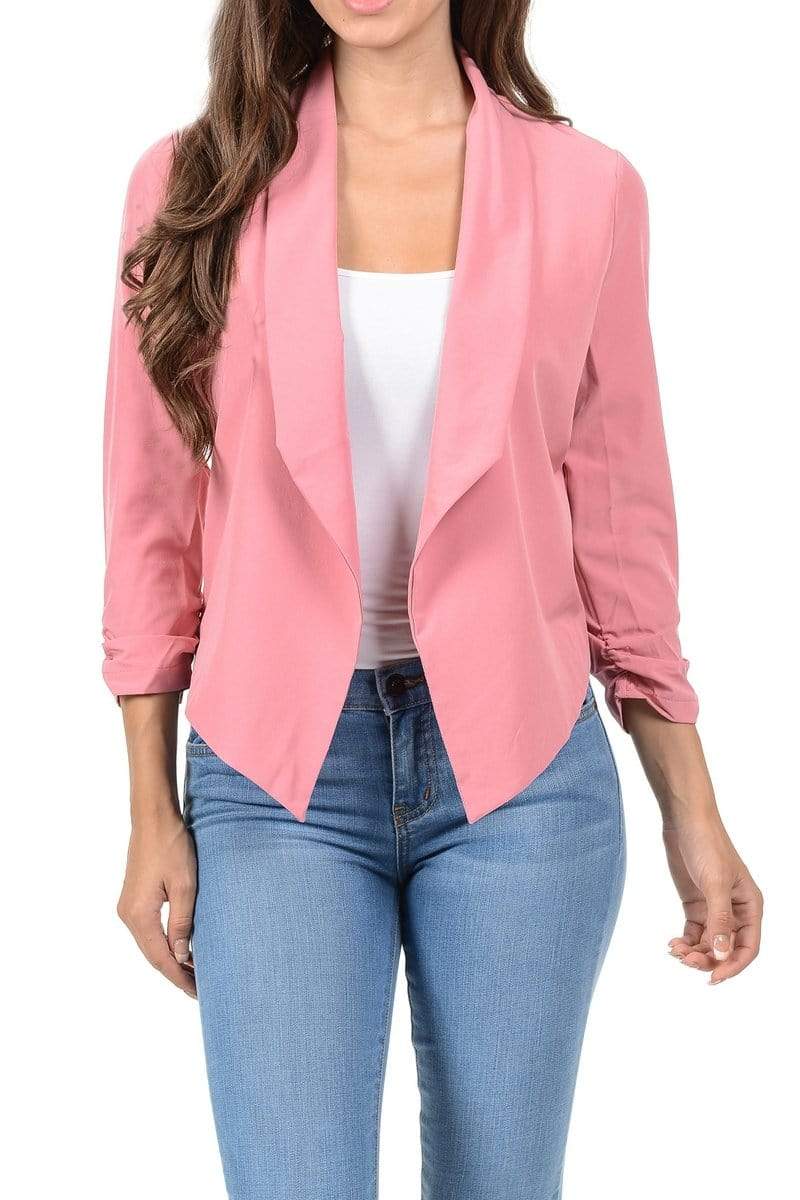 Auliné Collection Apparel Rose / 1XL Auliné Collection Womens Casual Lightweight 3/4 Sleeve Fitted Open Blazer Plus Size