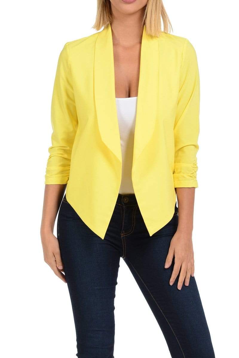 Auliné Collection Apparel Yellow / 1XL Auliné Collection Womens Casual Lightweight 3/4 Sleeve Fitted Open Blazer Plus Size