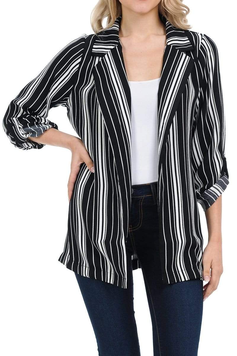 Auliné Collection Apparel Striped Black / Small Auliné Collection Womens Casual Oversized Open Front Boyfriend Cardigan Blazer