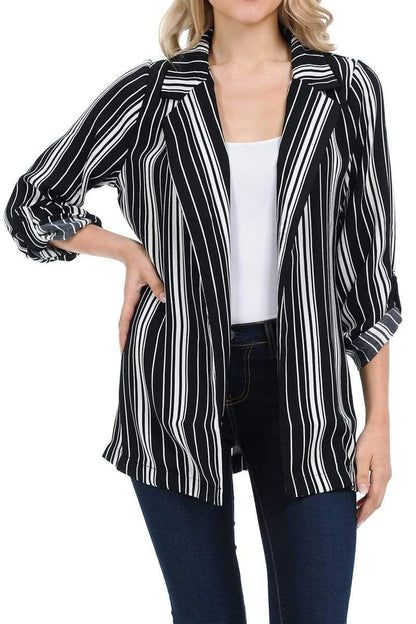 Auliné Collection Apparel Striped Black / Small Auliné Collection Womens Casual Oversized Open Front Boyfriend Cardigan Blazer