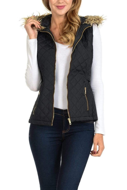 Auliné Collection Apparel Auliné Collection Womens Quilted Zip Up Lightweight Fur Hooded Padding Vest