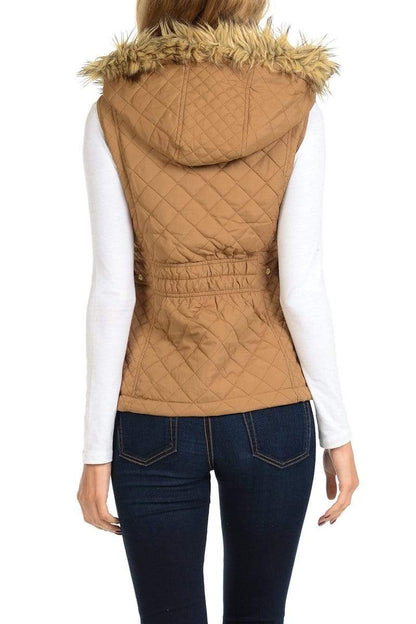 Auliné Collection Apparel Auliné Collection Womens Quilted Zip Up Lightweight Fur Hooded Padding Vest