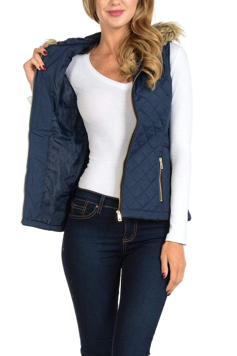 Auliné Collection Apparel Auliné Collection Womens Quilted Zip Up Lightweight Fur Hooded Padding Vest