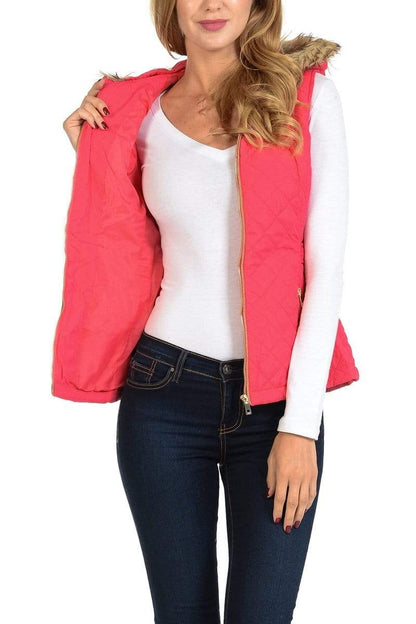Auliné Collection Apparel Auliné Collection Womens Quilted Zip Up Lightweight Fur Hooded Padding Vest