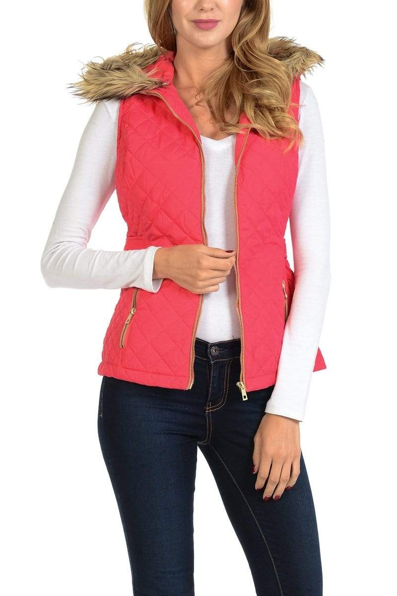 Auliné Collection Apparel Auliné Collection Womens Quilted Zip Up Lightweight Fur Hooded Padding Vest
