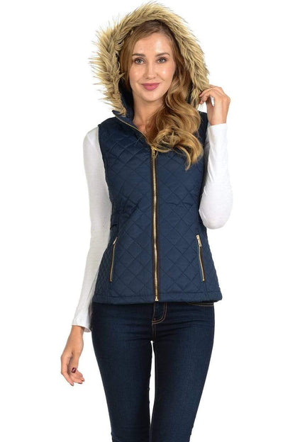 Auliné Collection Apparel ZP Navy / Small Auliné Collection Womens Quilted Zip Up Lightweight Fur Hooded Padding Vest
