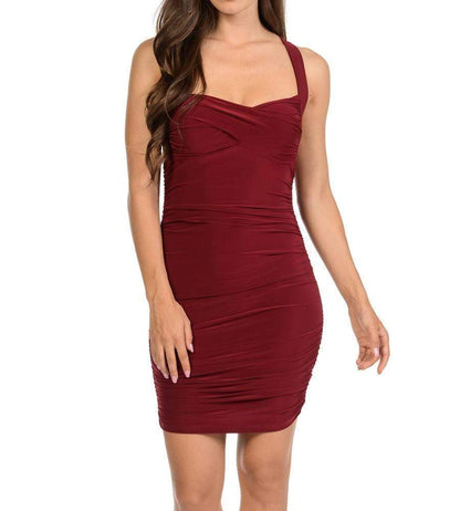Auliné Collection Apparel Burgundy / Small Auliné Collection Womens Sexy Pull On Stretch Ruched Bodycon Dress