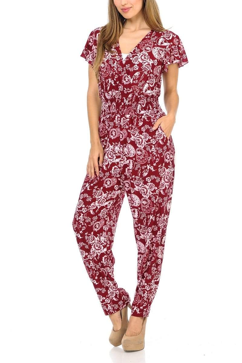 Auliné Collection Apparel Auliné Collection Womens Short Cap Sleeve V-Neck Long Pants Romper Jumpsuit
