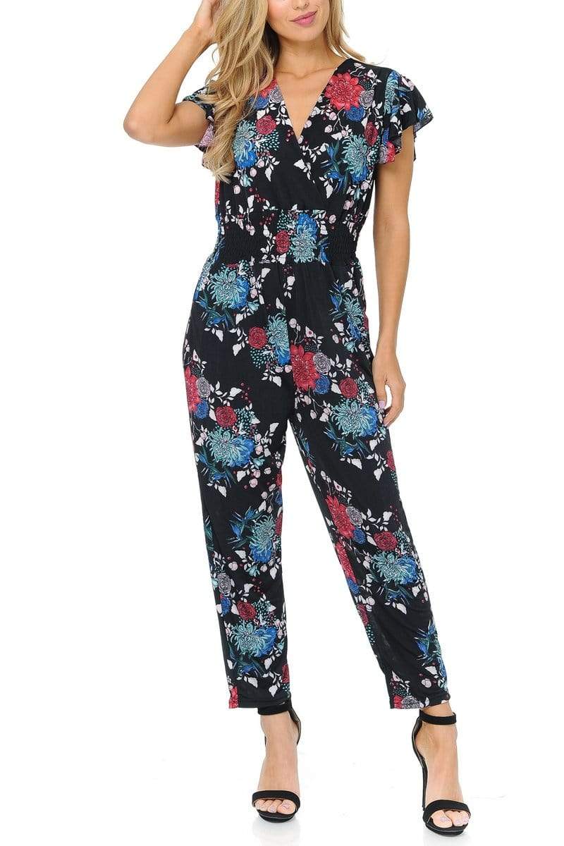 Auliné Collection Apparel Blueberry Fields Floral / S/M Auliné Collection Womens Short Cap Sleeve V-Neck Long Pants Romper Jumpsuit