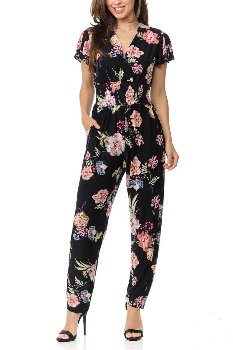 Auliné Collection Apparel Botanic Floral / S/M Auliné Collection Womens Short Cap Sleeve V-Neck Long Pants Romper Jumpsuit