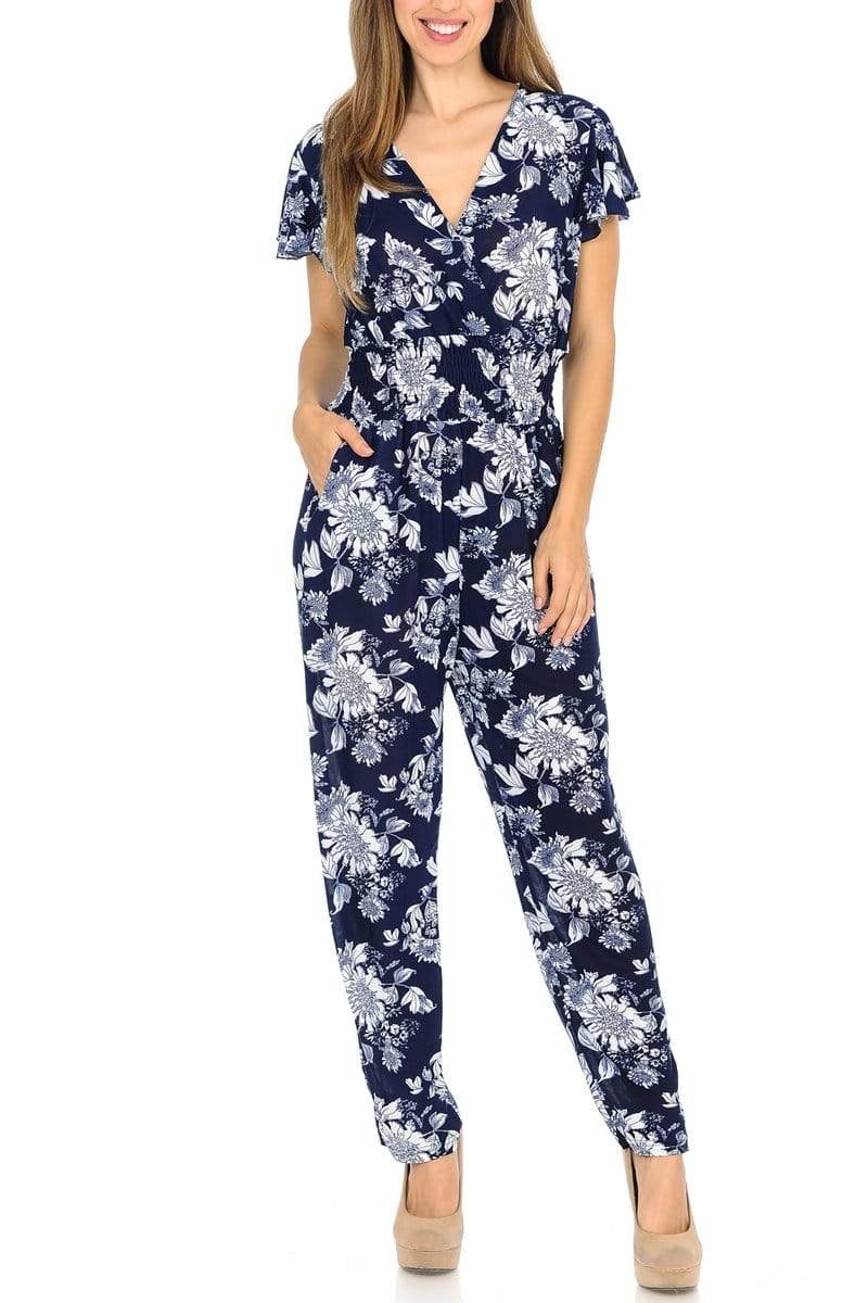 Auliné Collection Apparel Camelia Bloom Floral / S/M Auliné Collection Womens Short Cap Sleeve V-Neck Long Pants Romper Jumpsuit