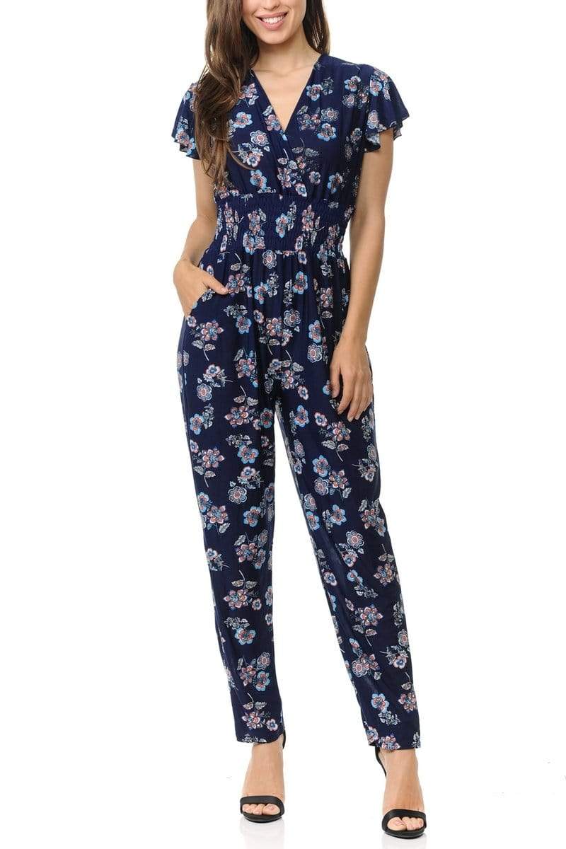 Auliné Collection Apparel Color Block Floral / S/M Auliné Collection Womens Short Cap Sleeve V-Neck Long Pants Romper Jumpsuit