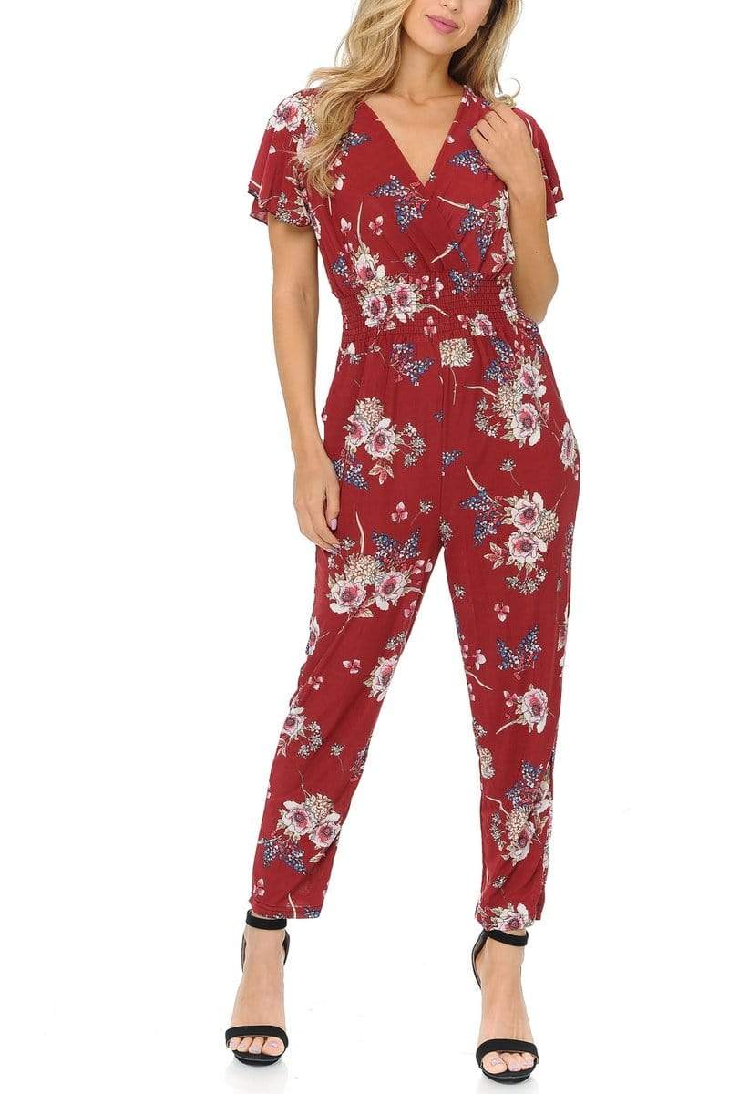 Auliné Collection Apparel Crimson Garden Floral / S/M Auliné Collection Womens Short Cap Sleeve V-Neck Long Pants Romper Jumpsuit