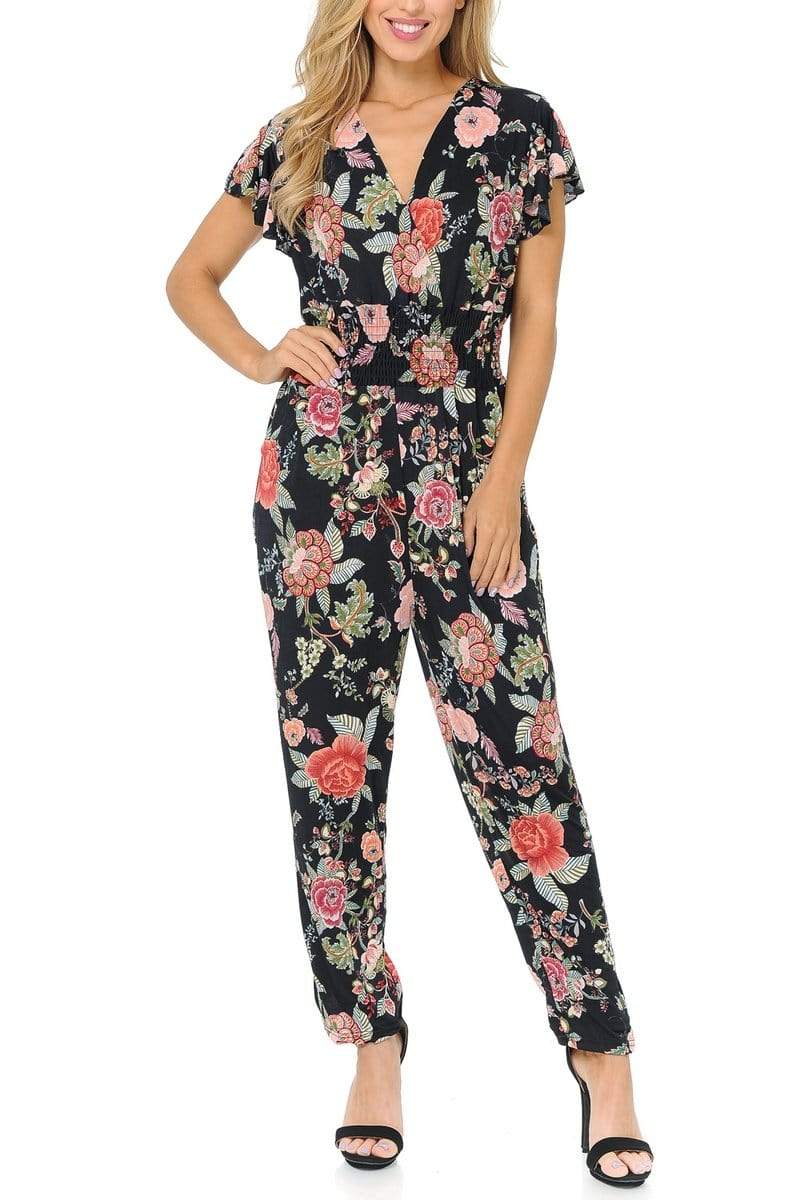 Auliné Collection Apparel Japanese Garden Floral / S/M Auliné Collection Womens Short Cap Sleeve V-Neck Long Pants Romper Jumpsuit