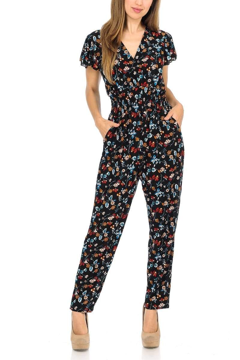 Auliné Collection Apparel Liberty Floral / S/M Auliné Collection Womens Short Cap Sleeve V-Neck Long Pants Romper Jumpsuit