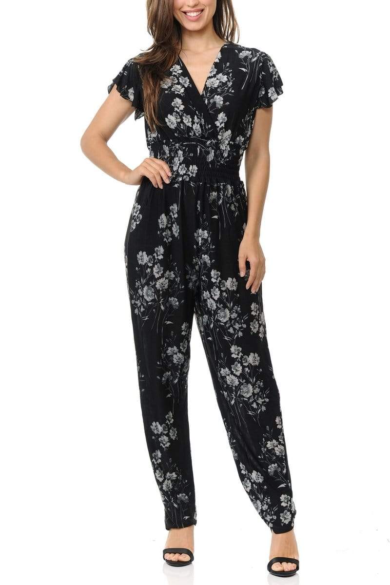 Auliné Collection Apparel Monochrome Floral / S/M Auliné Collection Womens Short Cap Sleeve V-Neck Long Pants Romper Jumpsuit