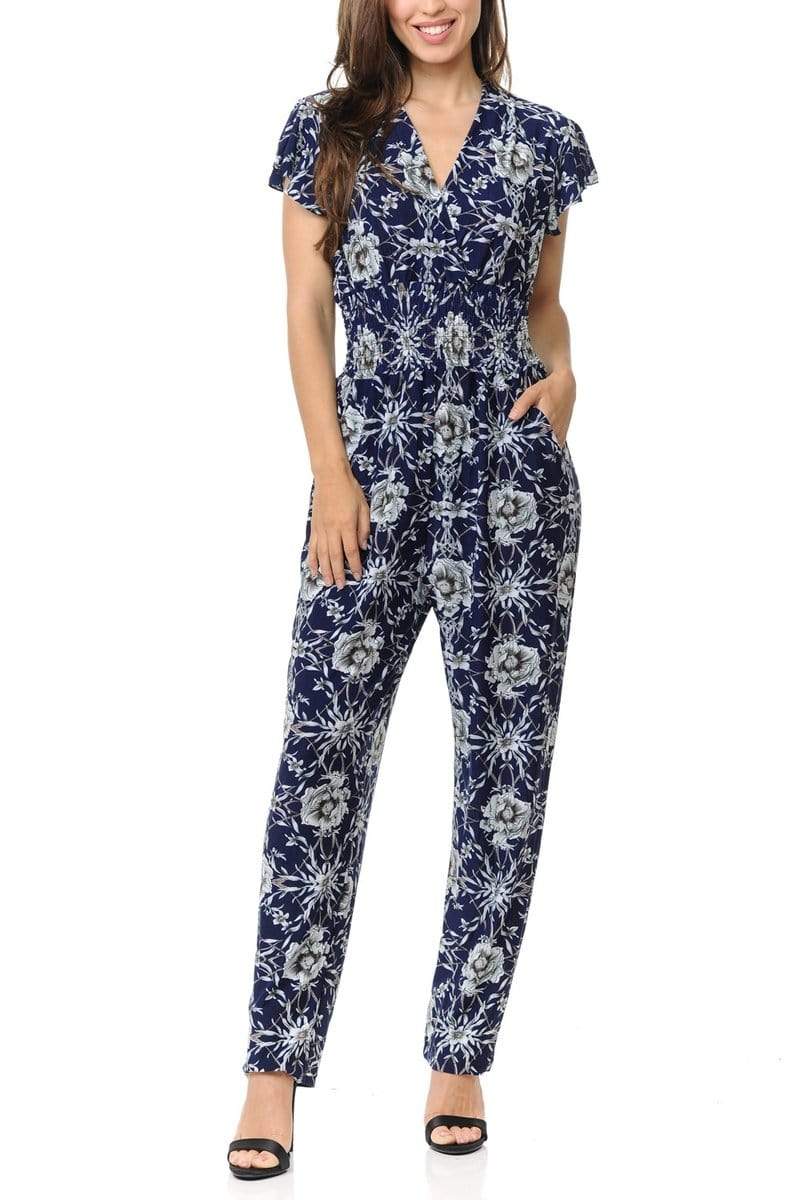 Auliné Collection Apparel Peony Bloom Floral / S/M Auliné Collection Womens Short Cap Sleeve V-Neck Long Pants Romper Jumpsuit