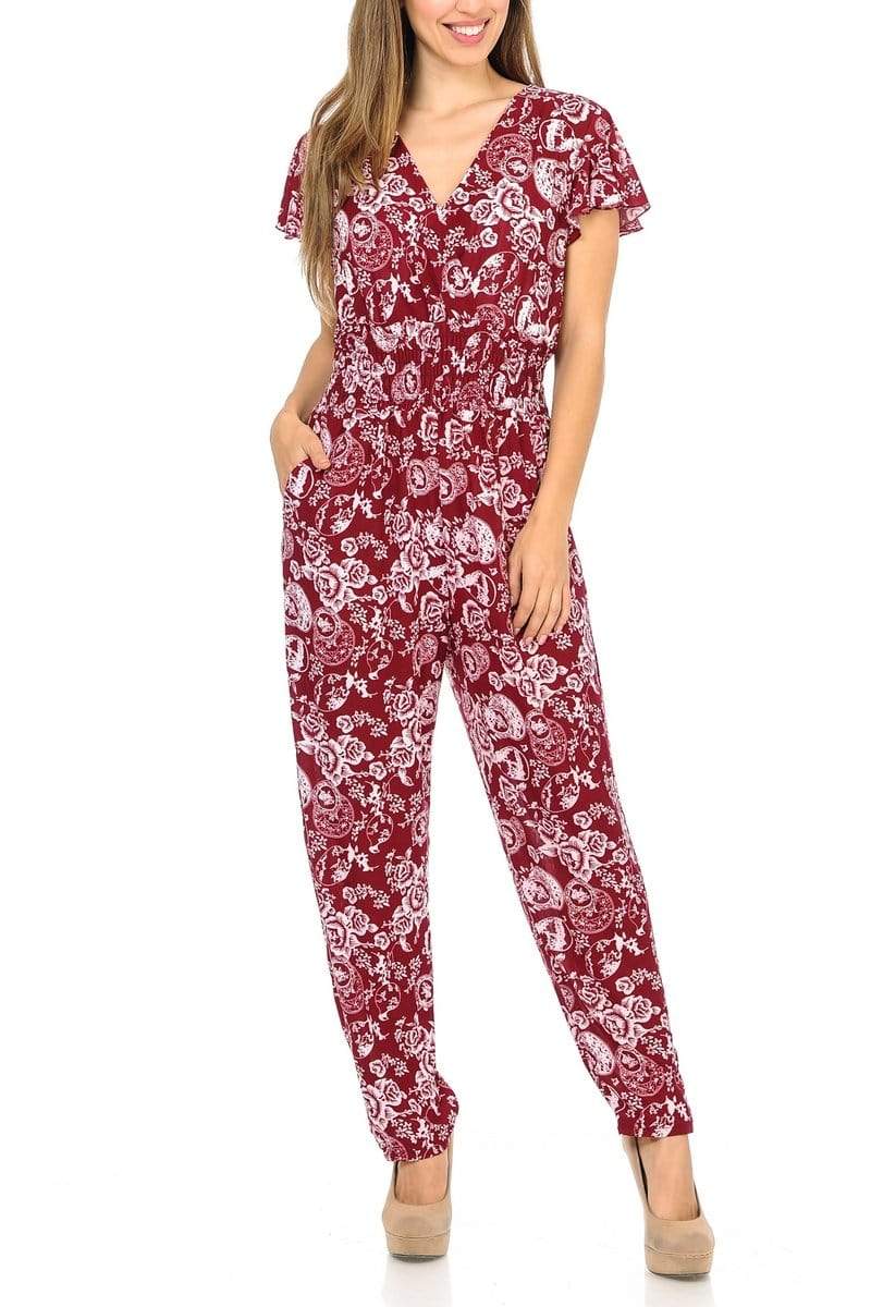 Auliné Collection Apparel Red Toile Floral / S/M Auliné Collection Womens Short Cap Sleeve V-Neck Long Pants Romper Jumpsuit