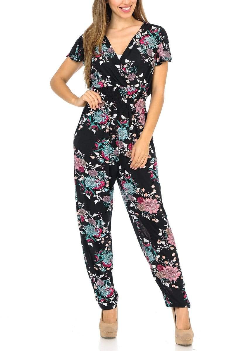 Auliné Collection Apparel Spring Bouquet Floral / S/M Auliné Collection Womens Short Cap Sleeve V-Neck Long Pants Romper Jumpsuit