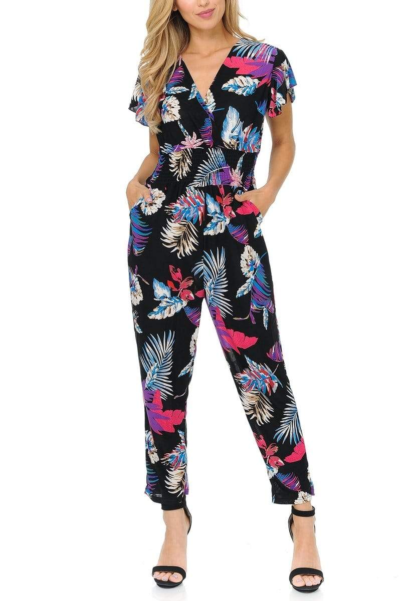 Auliné Collection Apparel Tropical Sunset Palms / S/M Auliné Collection Womens Short Cap Sleeve V-Neck Long Pants Romper Jumpsuit