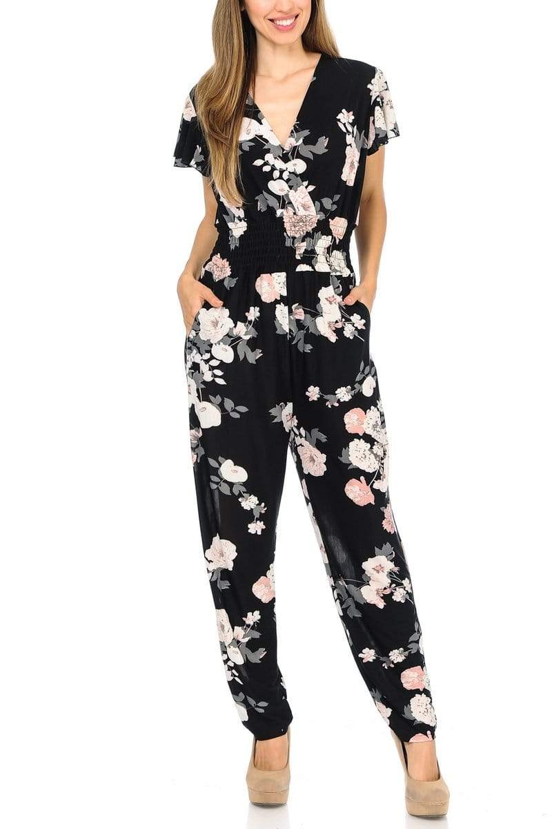 Auliné Collection Apparel Vintage Floral / S/M Auliné Collection Womens Short Cap Sleeve V-Neck Long Pants Romper Jumpsuit