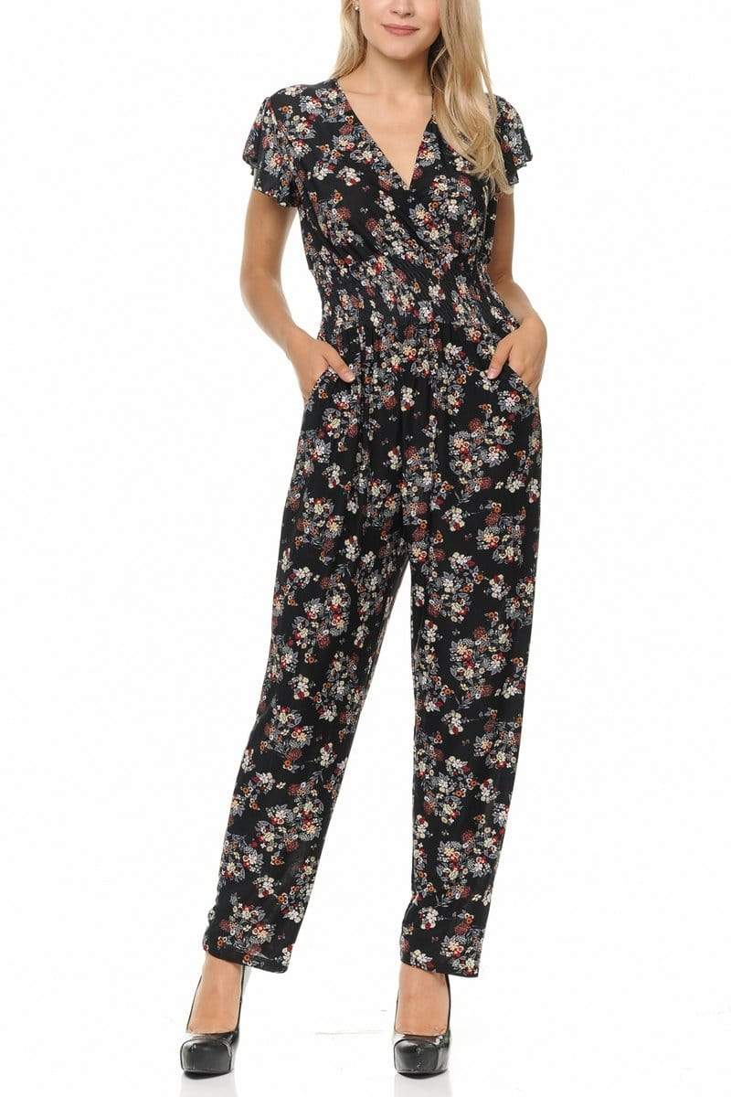 Auliné Collection Apparel Wildflower Floral / S/M Auliné Collection Womens Short Cap Sleeve V-Neck Long Pants Romper Jumpsuit