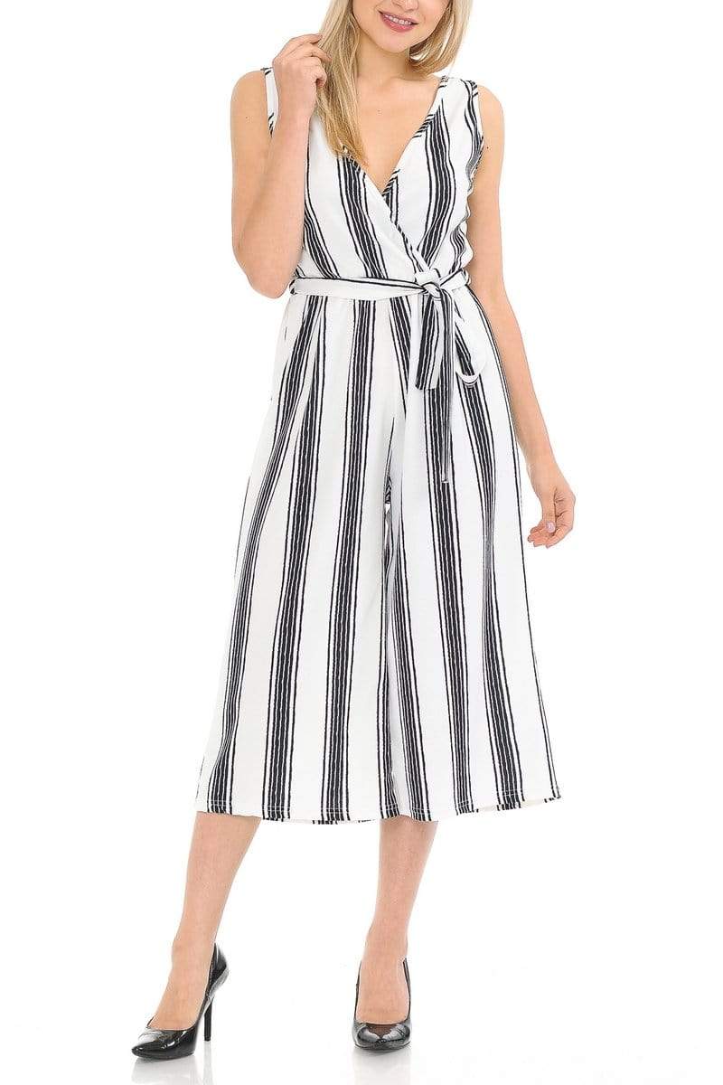 Auliné Collection Apparel Cloud White Stripe / S/M Auliné Collection Womens Sleeveless Culotte Capri Wide Leg Romper Jumpsuit