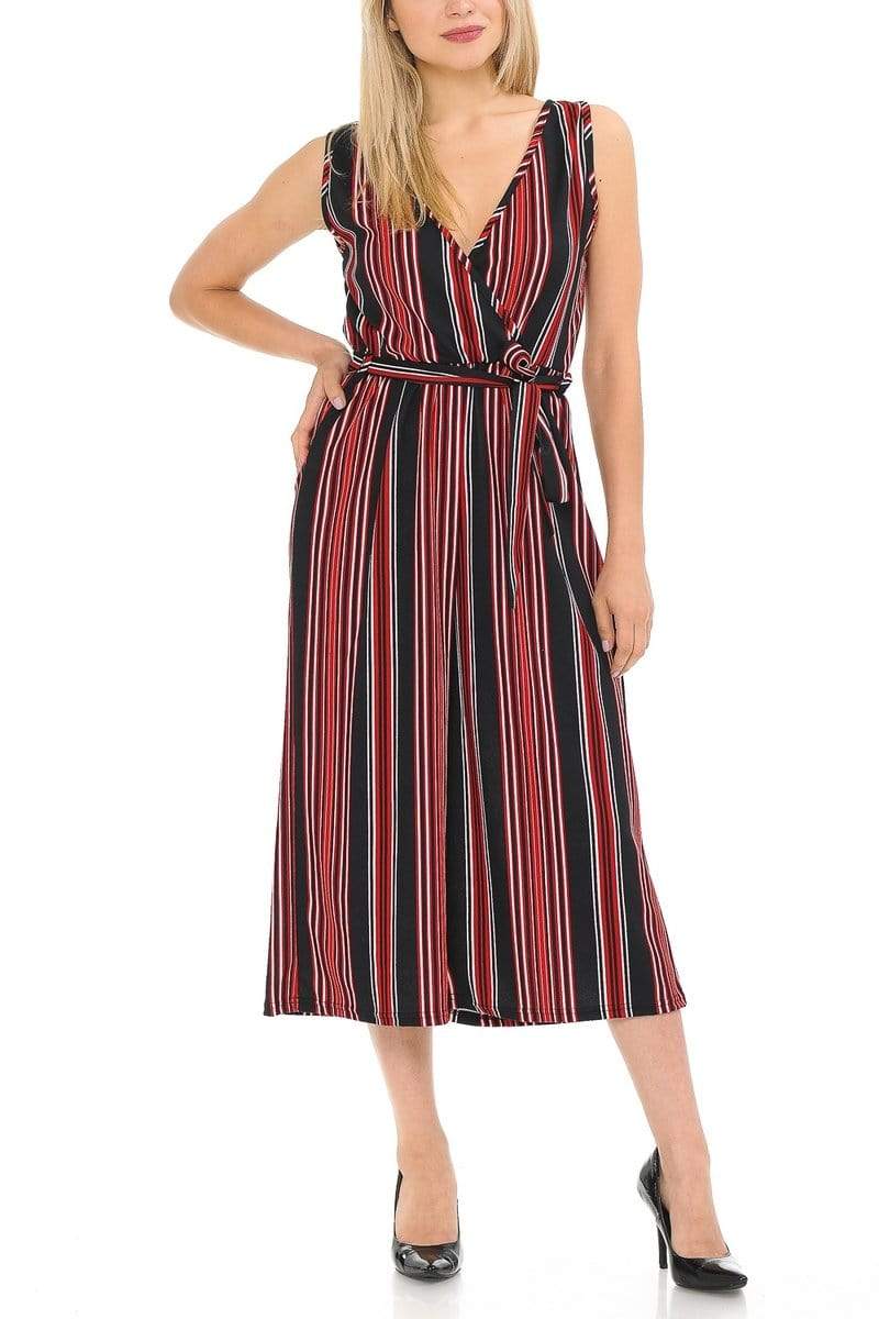 Auliné Collection Apparel Crimson Red Stripe / S/M Auliné Collection Womens Sleeveless Culotte Capri Wide Leg Romper Jumpsuit