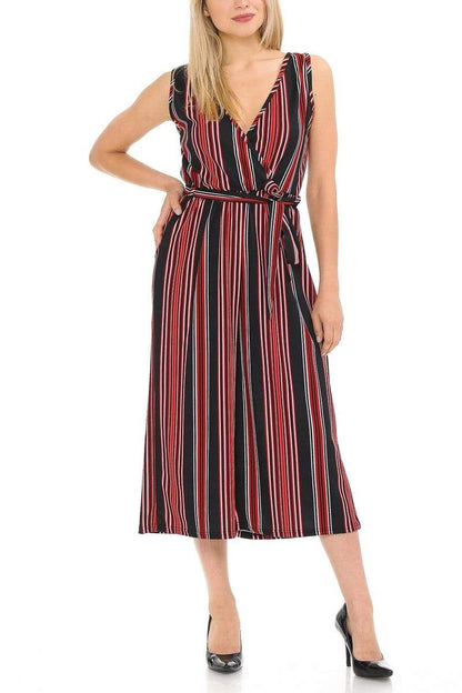 Auliné Collection Apparel Crimson Red Stripe / S/M Auliné Collection Womens Sleeveless Culotte Capri Wide Leg Romper Jumpsuit