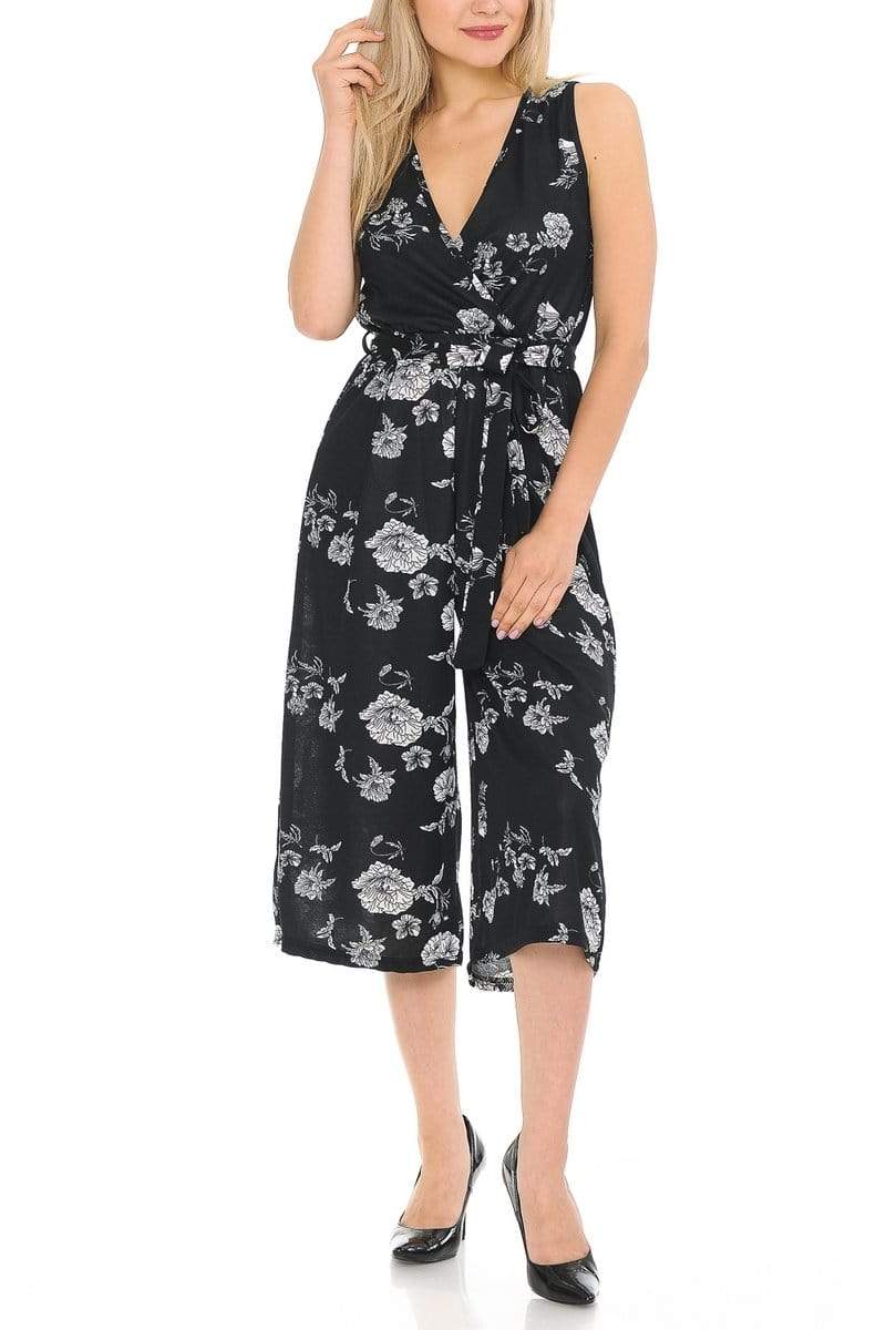 Auliné Collection Apparel Midnight Black Floral / S/M Auliné Collection Womens Sleeveless Culotte Capri Wide Leg Romper Jumpsuit