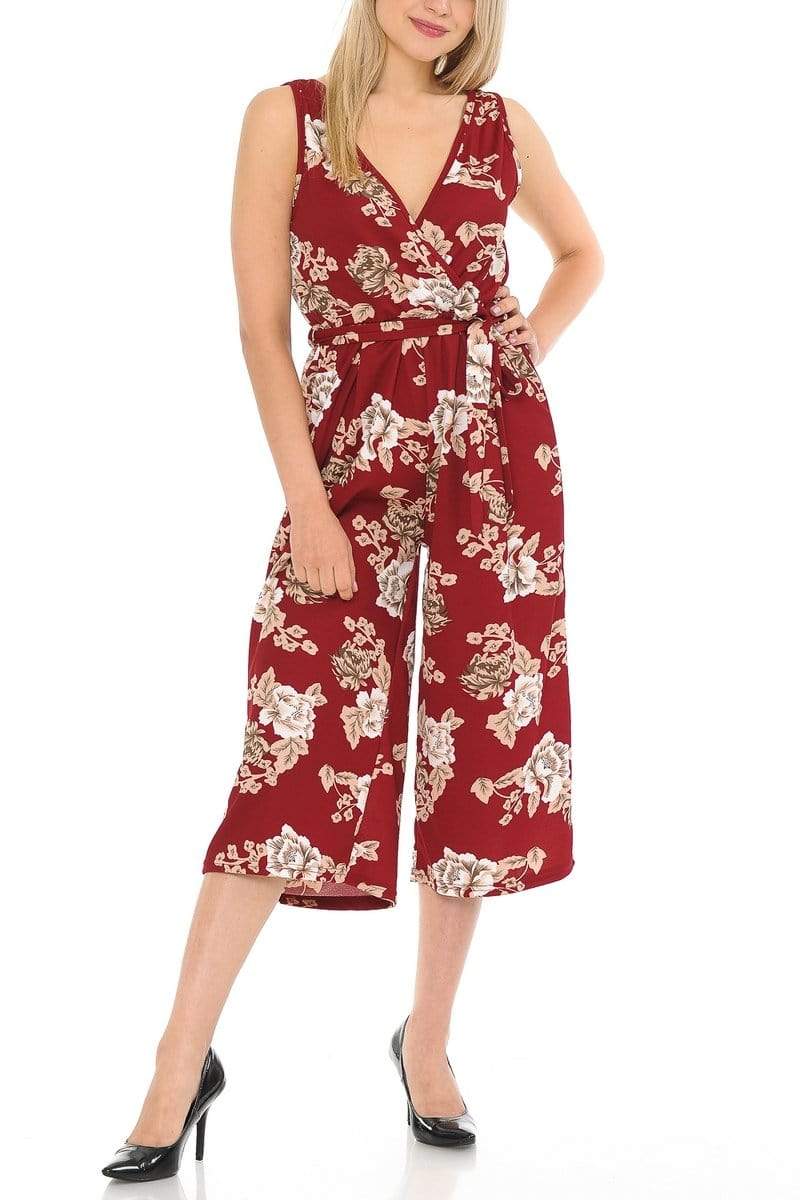Auliné Collection Apparel Passion Wine Floral / S/M Auliné Collection Womens Sleeveless Culotte Capri Wide Leg Romper Jumpsuit