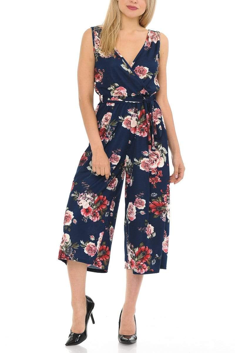 Auliné Collection Apparel Sapphire Blue Floral / S/M Auliné Collection Womens Sleeveless Culotte Capri Wide Leg Romper Jumpsuit