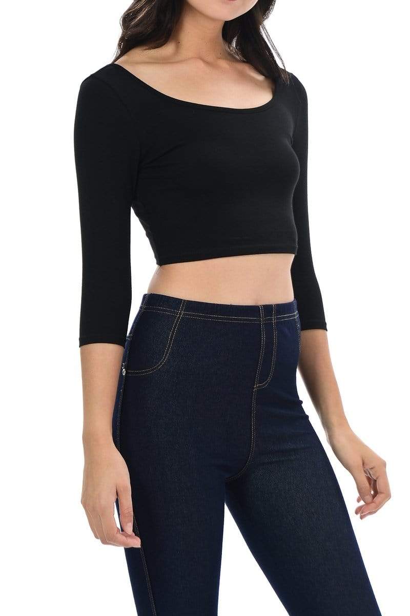 Auliné Collection Apparel Auliné Collection Womens Trendy Solid Color Basic Scooped Neck and Back Crop Top 3/4
